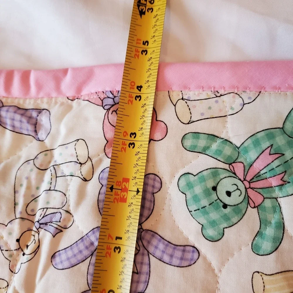 VTG Handmade Baby Quilted‎ Blanket Pastel Bears & Hearts Vintage